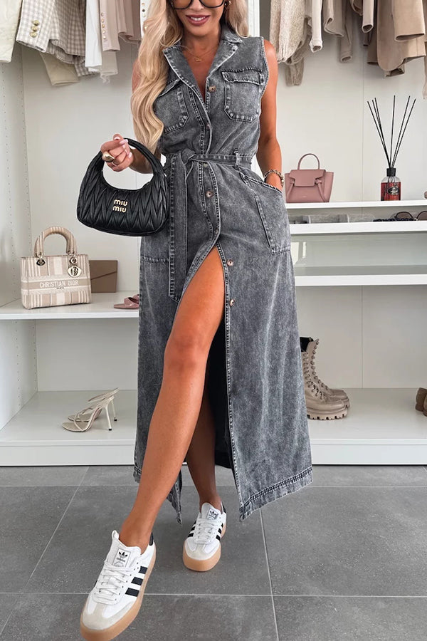 MW | Solide Farbe Ärmellos Einreihig Taille Krawatte Lässig Tasche Denim Midi-Kleid