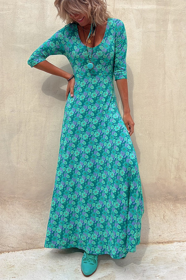 MW | Iconic Crush Floral Halbärmliges Elastisches Maxikleid