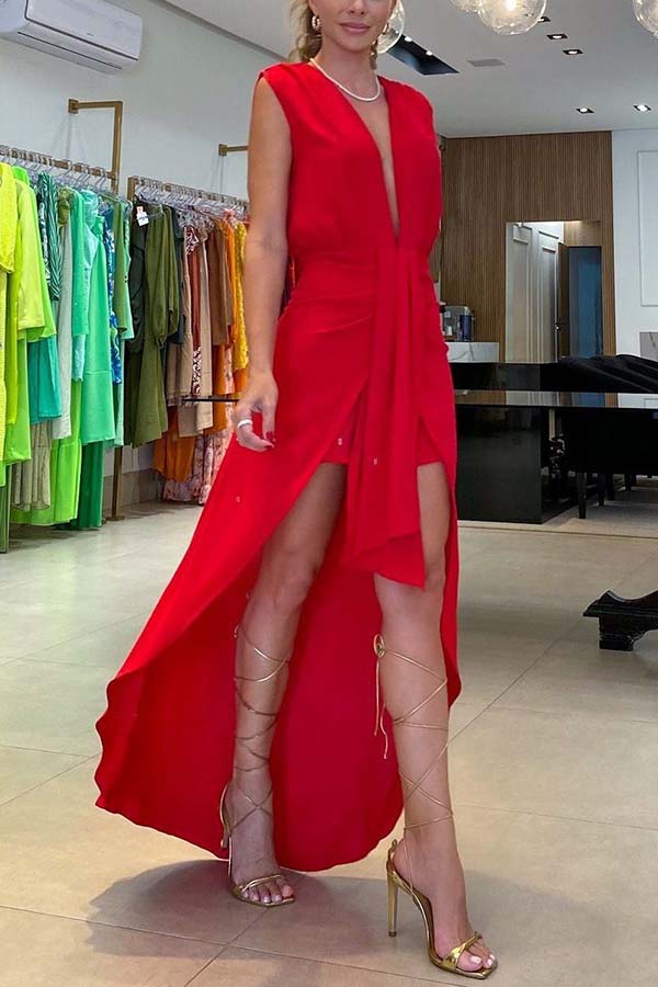 MW | Allure Tie-Front Plunge V-Ausschnitt High Low Maxi Kleid