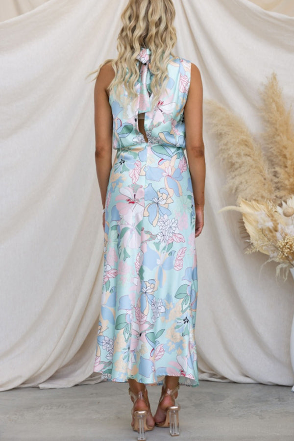 MW | Love In The Garden Floral Halter Neck Elastische Taille Maxi Kleid