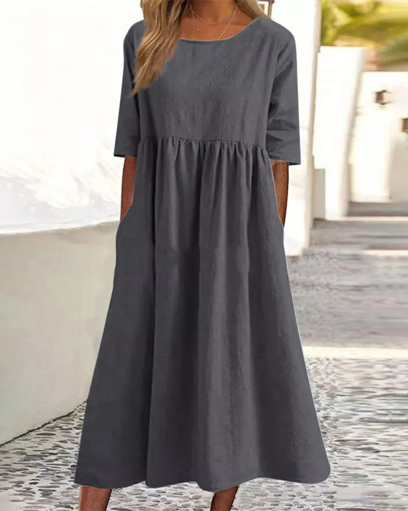 MW | Strand Kurzarm Rundhalsausschnitt Rüschen Swing Lässig Boho Midi Kleid mit Taschen