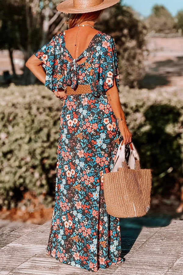 MW | Himmelblau Boho Floral Print Geknotet Rückenfreies Maxikleid