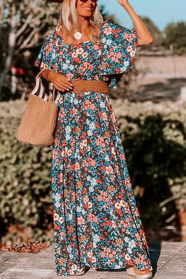 MW | Himmelblau Boho Floral Print Geknotet Rückenfreies Maxikleid