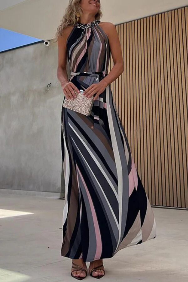 MW | Fließende Eleganz Farbige Linien Bedruckter Gürtel Halter Maxikleid