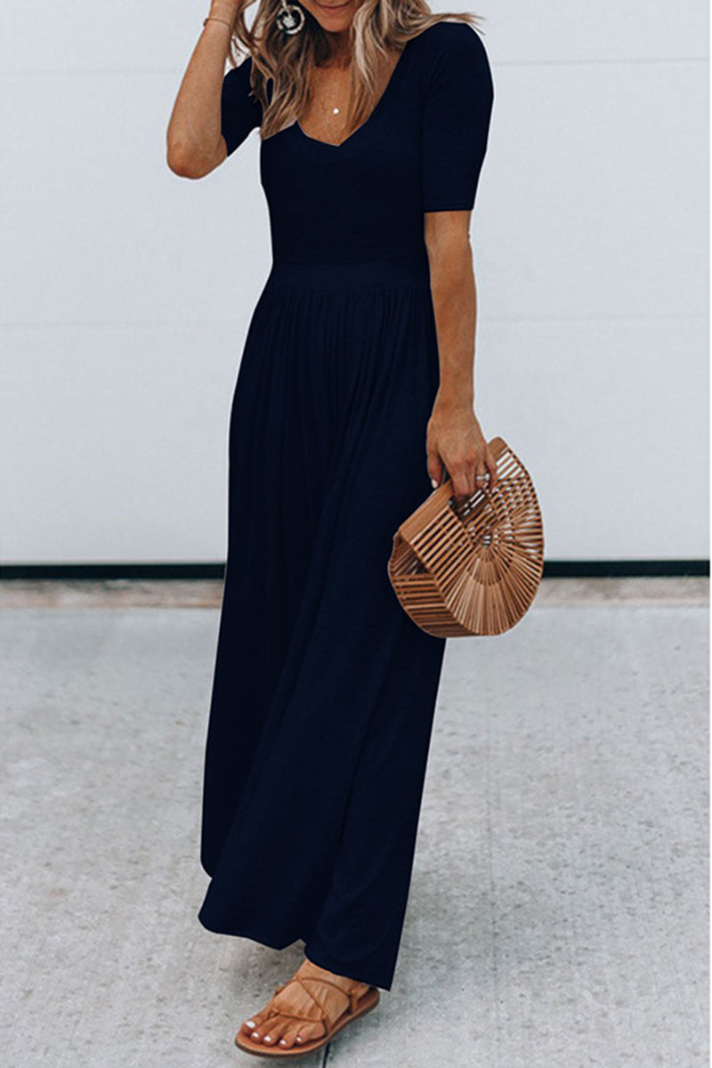 MW | Rundhalsausschnitt Kurzarm Langer Jumpsuit mit hoher Taille