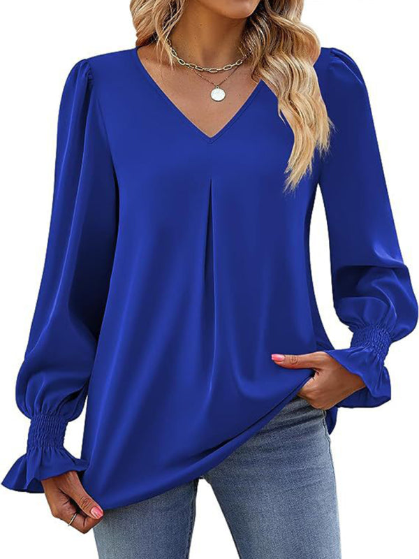 MW | Elegante Langarm V-Ausschnitt plissierte Chiffonbluse