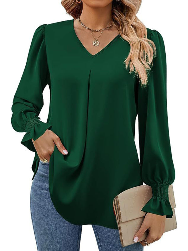 MW | Elegante Langarm V-Ausschnitt plissierte Chiffonbluse