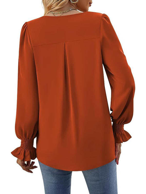 MW | Elegante Langarm V-Ausschnitt plissierte Chiffonbluse