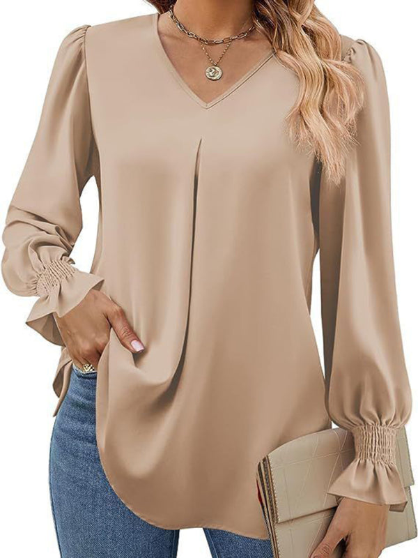 MW | Elegante Langarm V-Ausschnitt plissierte Chiffonbluse