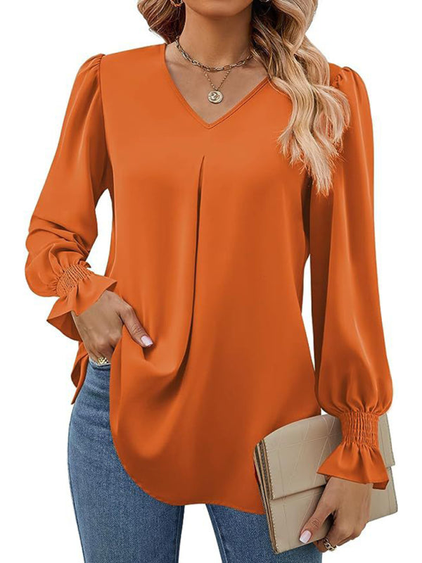 MW | Elegante Langarm V-Ausschnitt plissierte Chiffonbluse