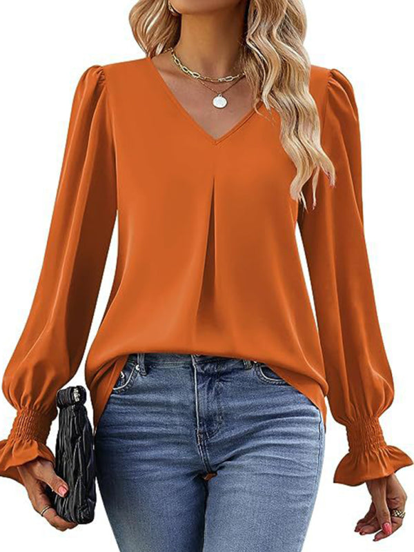 MW | Elegante Langarm V-Ausschnitt plissierte Chiffonbluse