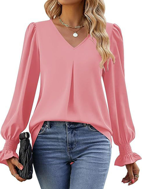 MW | Elegante Langarm V-Ausschnitt plissierte Chiffonbluse