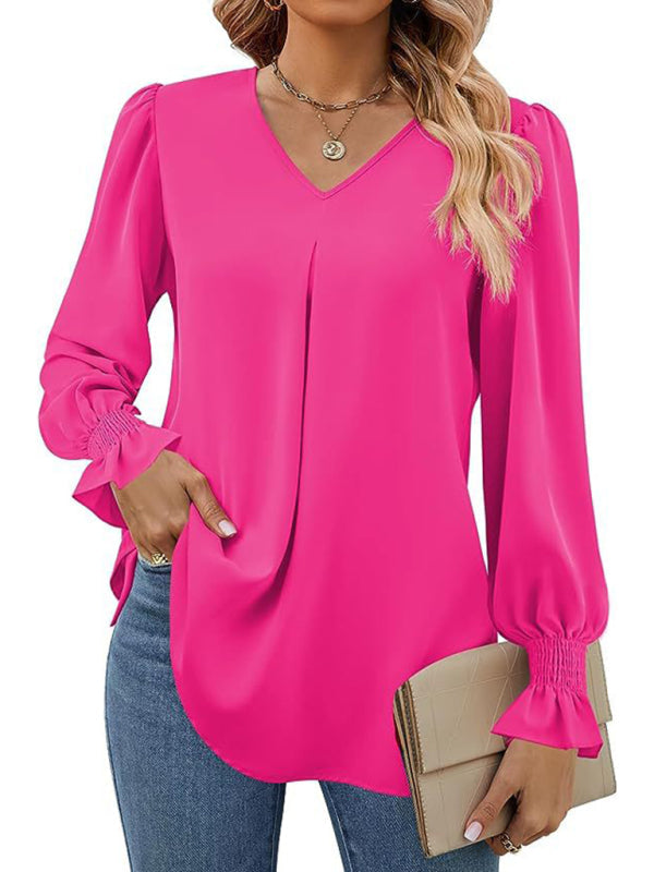 MW | Elegante Langarm V-Ausschnitt plissierte Chiffonbluse
