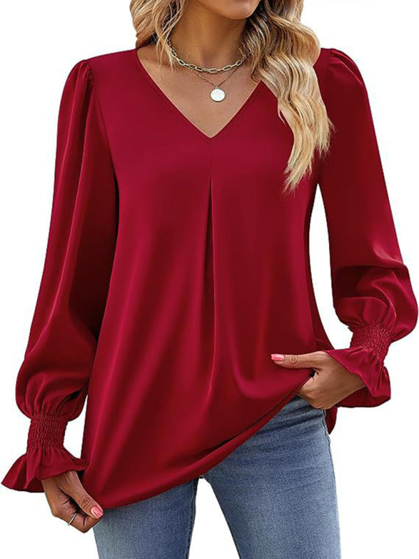 MW | Elegante Langarm V-Ausschnitt plissierte Chiffonbluse