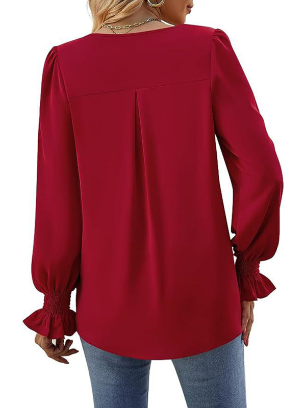 MW | Elegante Langarm V-Ausschnitt plissierte Chiffonbluse