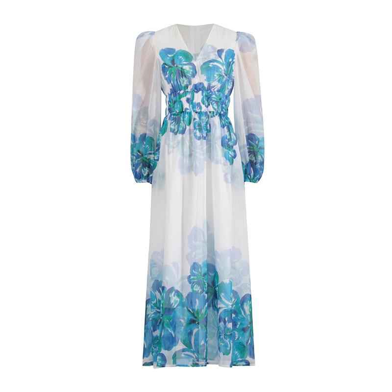 MW | Damen Midikleid - V-Ausschnitt - Gesmokte Taille - Lange Ärmel - Leichte, elegante Passform