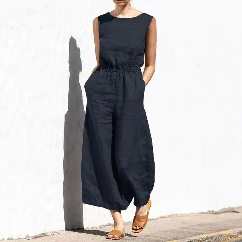 MW | Lässiger Rundhals-Baumwoll-Leinen-Jumpsuit