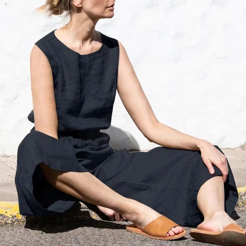 MW | Lässiger Rundhals-Baumwoll-Leinen-Jumpsuit