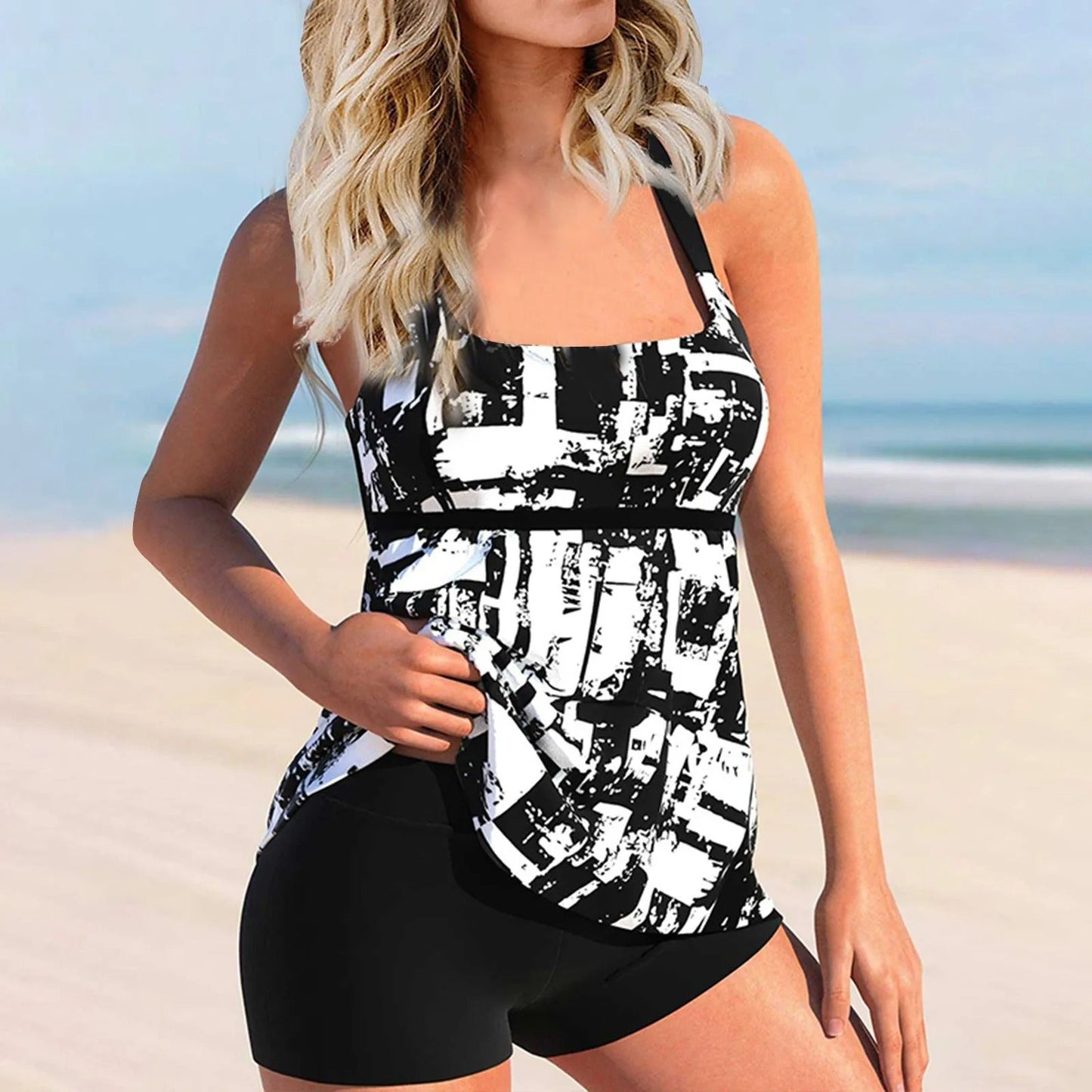 MW | Bedruckter Tankini-Badeanzug mit quadratischem Ausschnitt