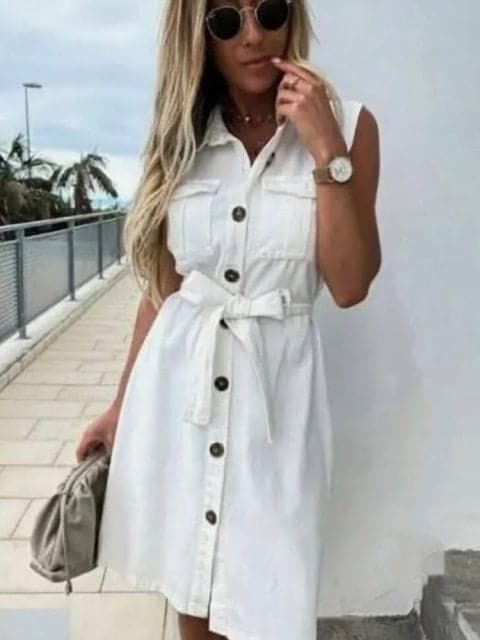 MW | Frauen Vintage Front Knopf Schärpen Mantel Partykleid ärmellos Turn Down Kragen lässig Minikleid Sommer Mode neues Kleid