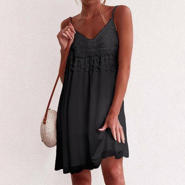 MW | V-Ausschnitt, offener Träger, weiße Spitze, ärmellos, locker, elegant, Minikleid