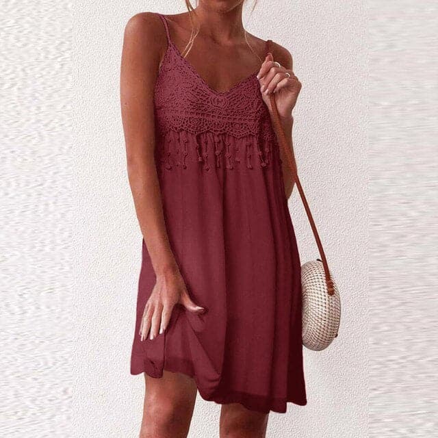 MW | V-Ausschnitt, offener Träger, weiße Spitze, ärmellos, locker, elegant, Minikleid