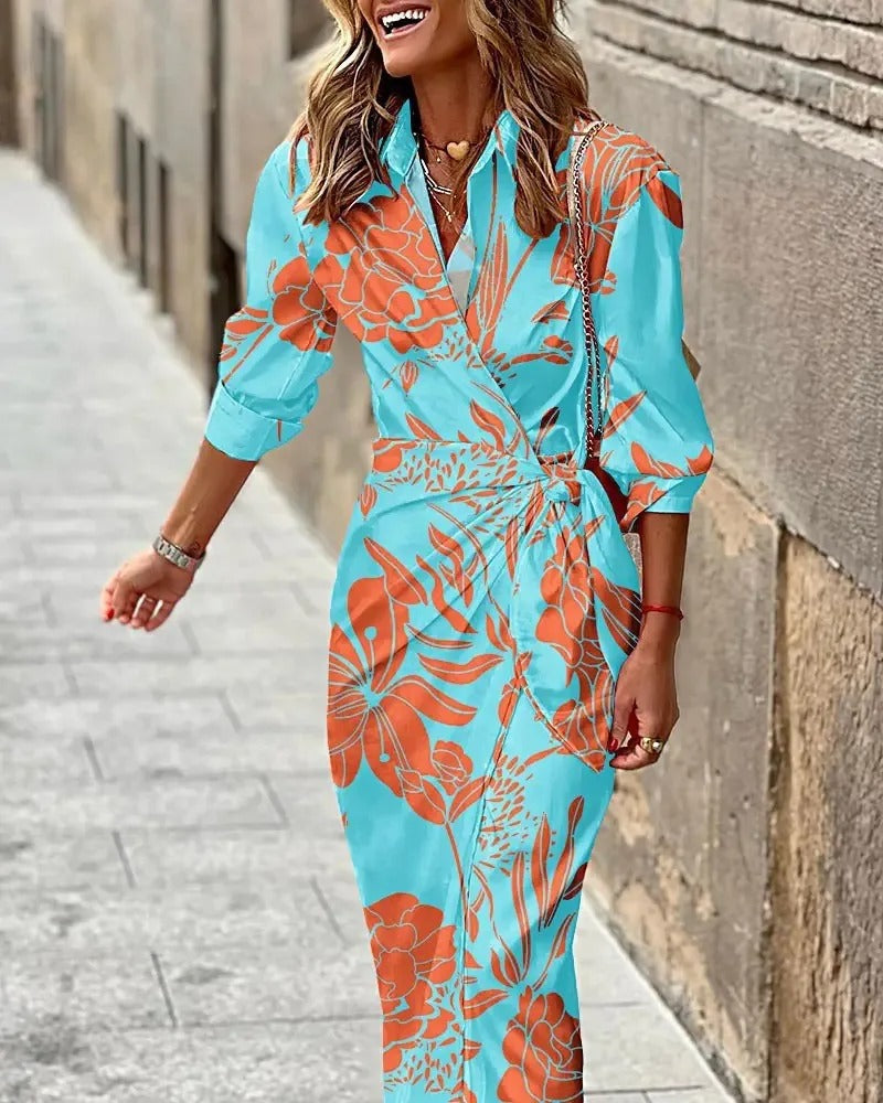 MW | Fashion V-Ausschnitt Gestreiftes Midikleid mit Schnürung