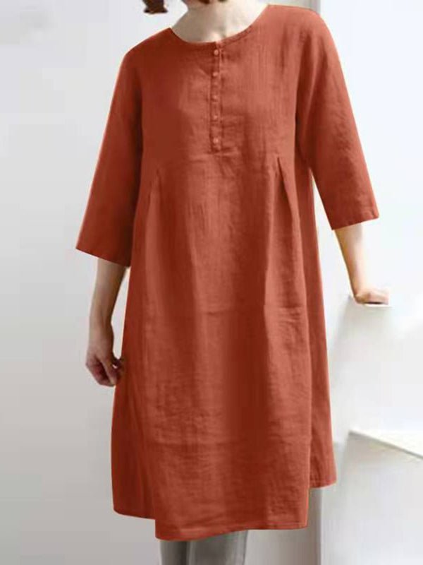 MW | Retro Baumwolle Leinen Solid plissiert halbe Ärmel Minikleid
