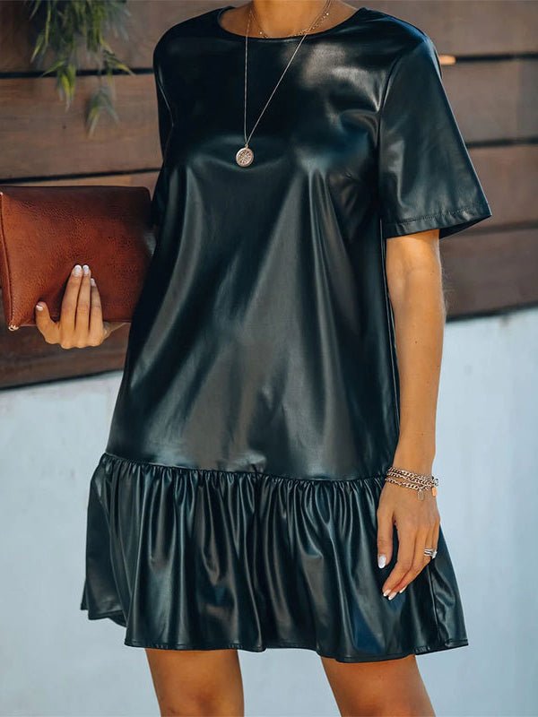 MW | Gekräuseltes Kunstleder Minikleid mit kurzen Ärmeln
