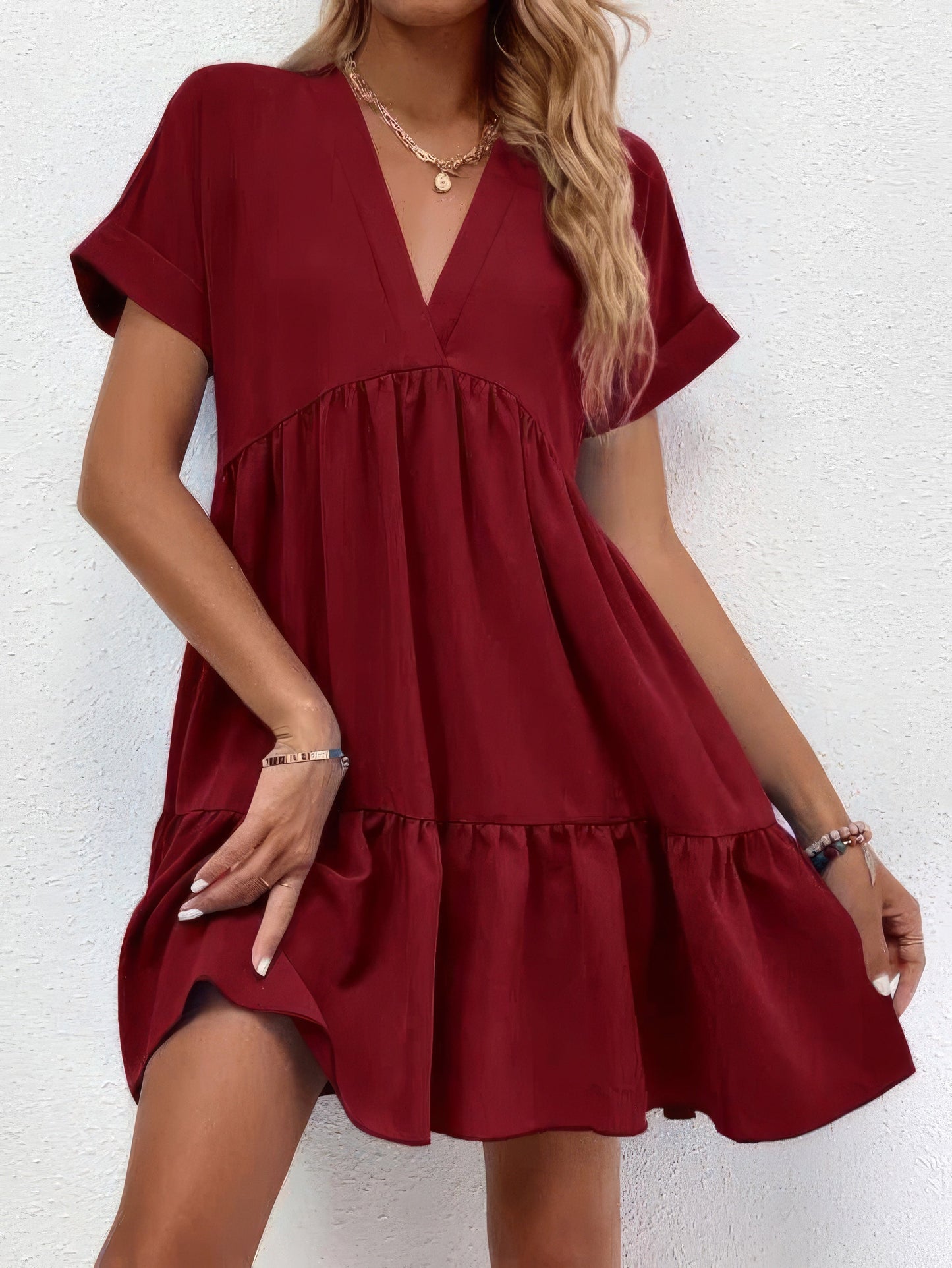 MW | Solid V-Ausschnitt Kurzarm-Minikleid