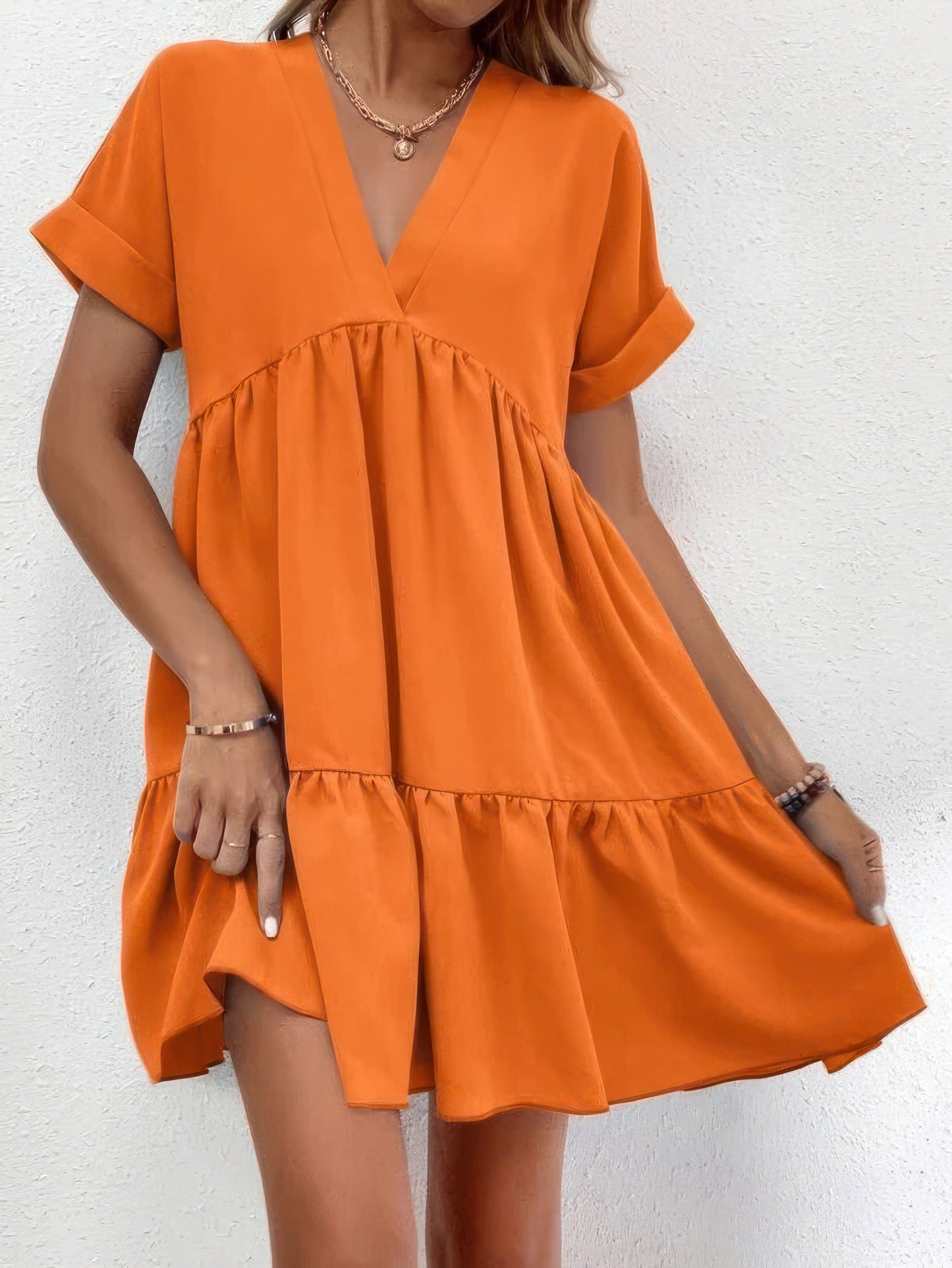 MW | Solid V-Ausschnitt Kurzarm-Minikleid