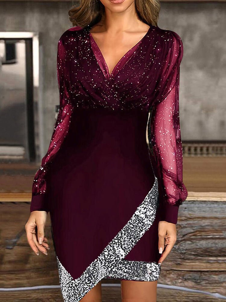 MW | V-Ausschnitt Unregelmäßiges Mesh-Panel-Minikleid