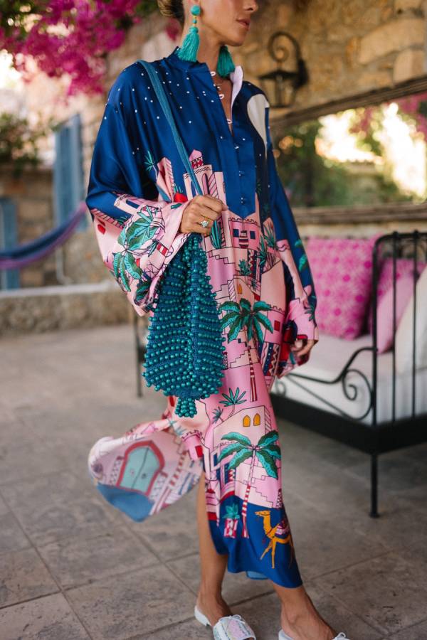 MW | Seaside Stroll Satin Einzigartiger Druck Button Up Langarm Schlitz Kaftan Midi Kleid