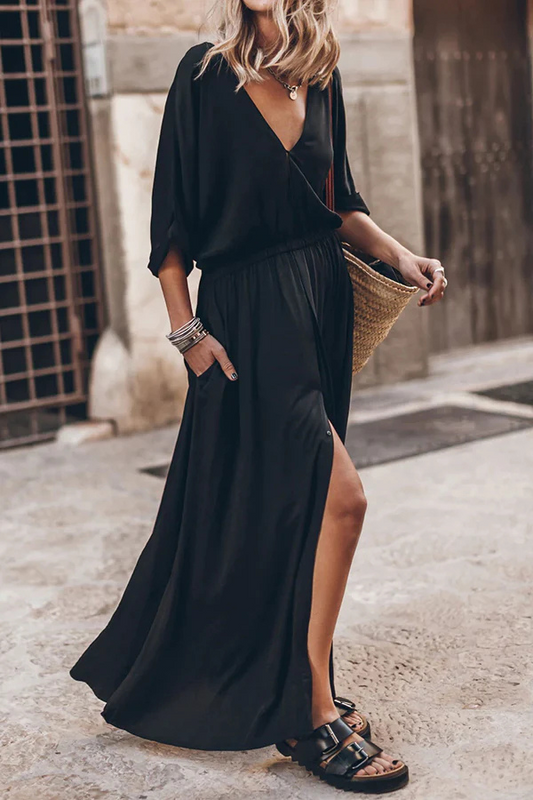 MW | Weiches und elegantes Kimono-Ärmel Stretchy Taille Pocketed Slit Maxi Kleid