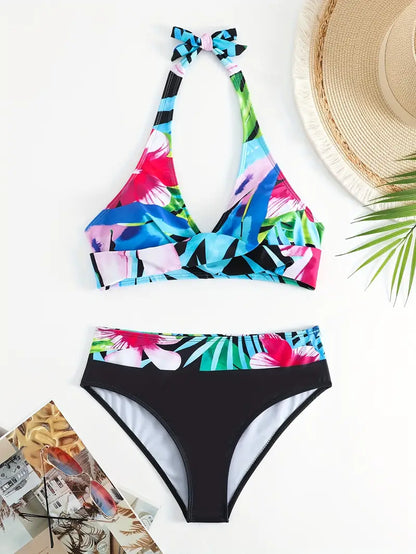MW | Stylischer Random Print Halter Kreuz Bikini