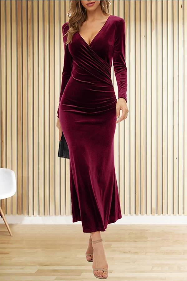 MW | Solide Samt Langarm V-Ausschnitt Slim Fit Fischschwanz Maxi Kleid