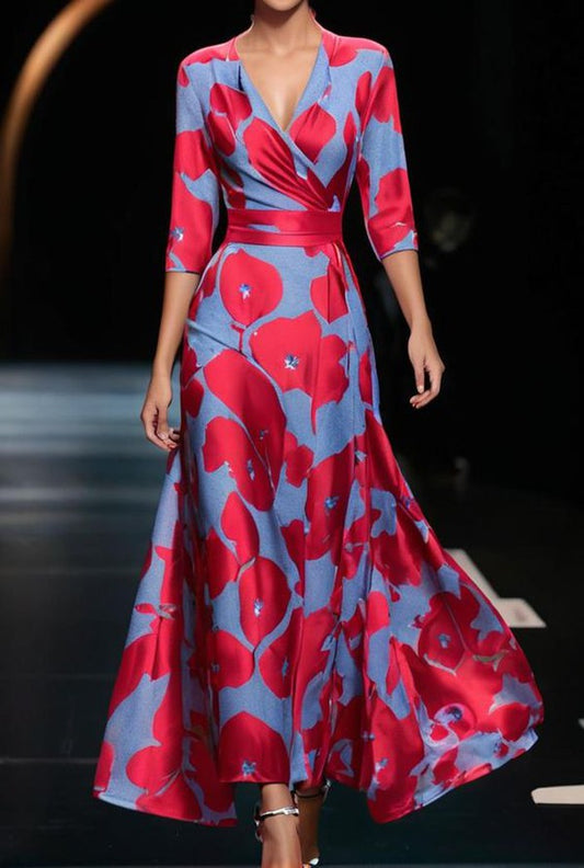 MW | Popular 3/4-Ärmel V-Ausschnitt Maxikleid