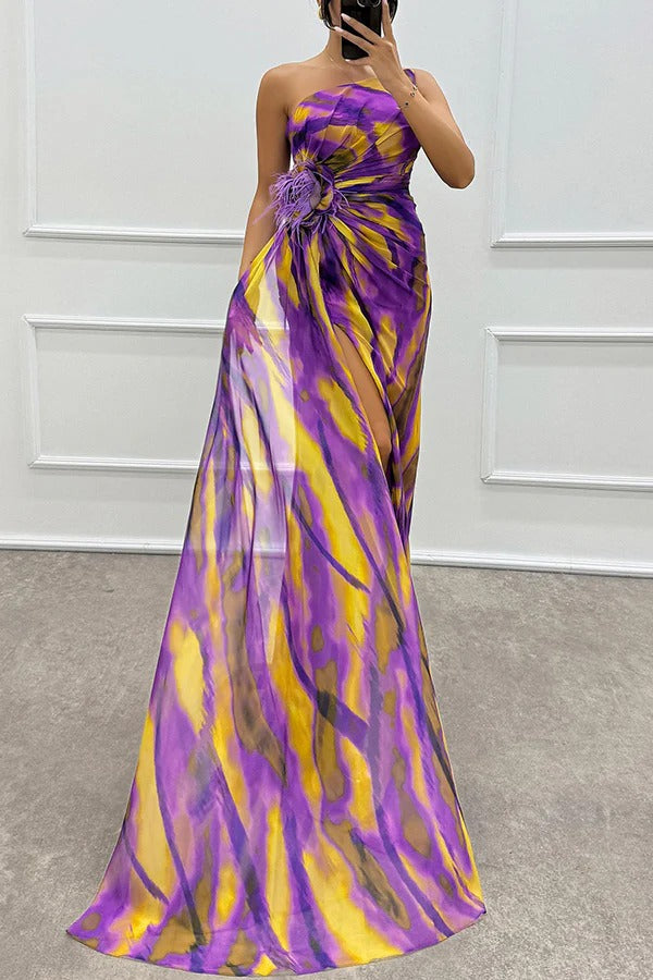 MW | Erstaunliche Ansichten Aquarell drucken Feder Rose Detail schulterfrei plissiert Schlitz Maxikleid