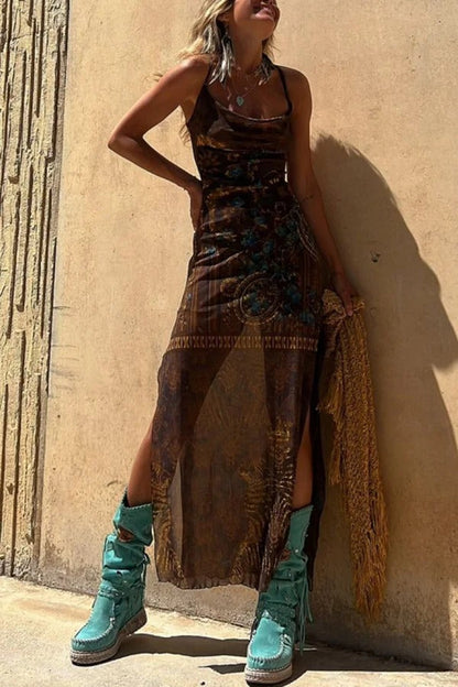 MW | Gypsy Style Einzigartiger Druck Cowl Neck Rücken Schnürung Schlitz Midi Kleid