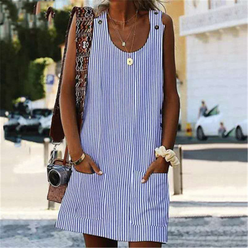 MW | Rundhalsausschnitt Tasche gestreift Overall Knopf lässig Jumpsuit Rock