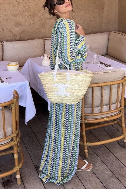 MW | Bondi Strand stricken bunte Welle drucken Langarm Urlaub Maxikleid