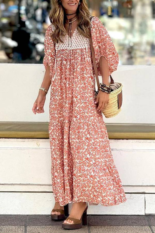 MW | Boheme Lifestyle Bedrucktes Maxikleid mit lockeren Puffärmeln