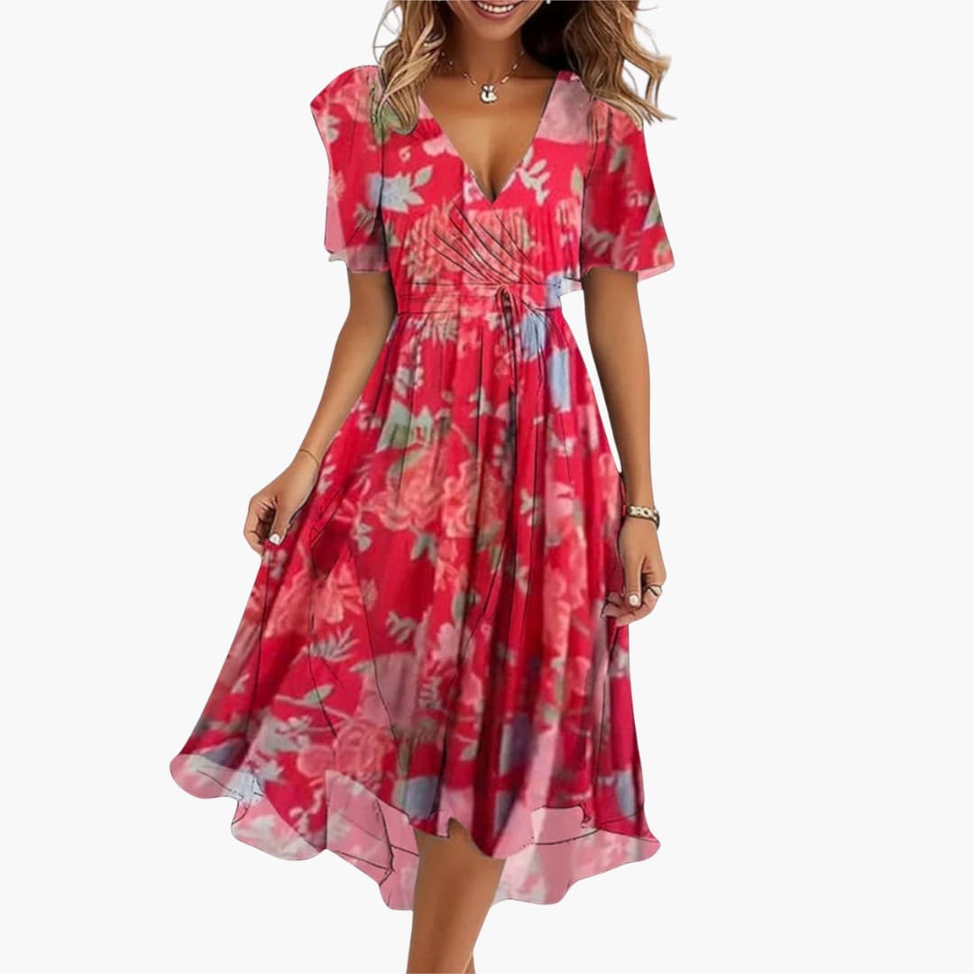 MW | Damen Sommer-Midikleid mit High-Low-Saum und V-Ausschnitt