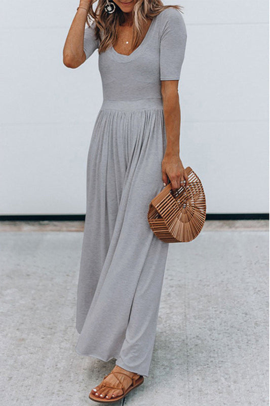 MW | Rundhalsausschnitt Kurzarm Langer Jumpsuit mit hoher Taille