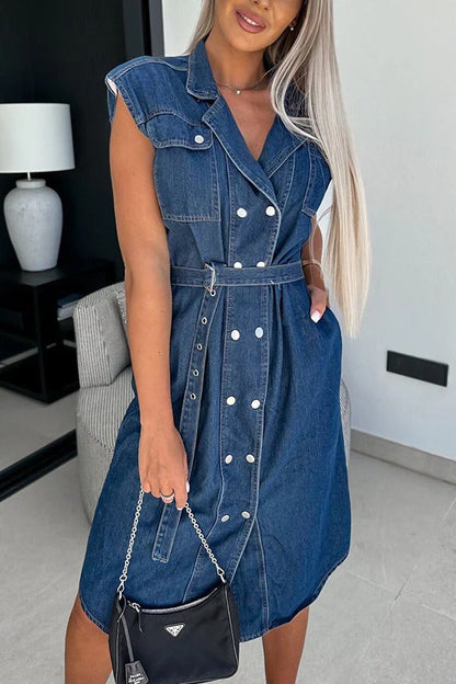 MW | Solide Farbe Lässig Revers Ärmellos Knopf Tasche Taille Krawatte Denim Midi Kleid