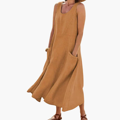 MW | Frauen Leinen ärmelloses Midikleid mit Rundhalsausschnitt und Taschen