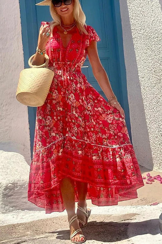 MW | Sommer in Griechenland Boho Print Rüschenärmel Elastische Taille Hoch-Tief Midi Kleid