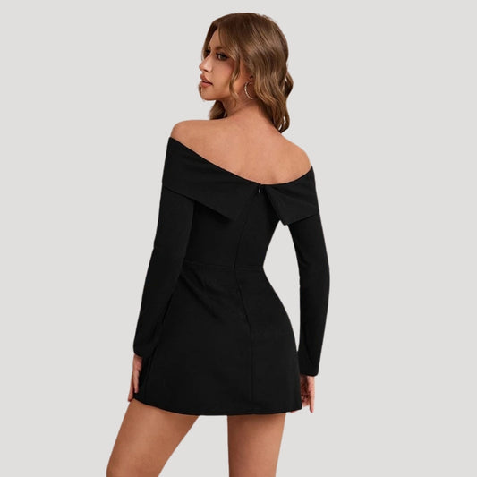 MW | Damen schulterfreies schwarzes Minikleid