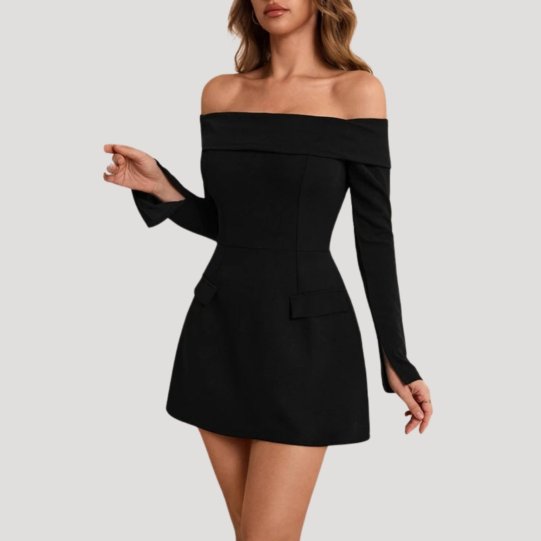 MW | Damen schulterfreies schwarzes Minikleid