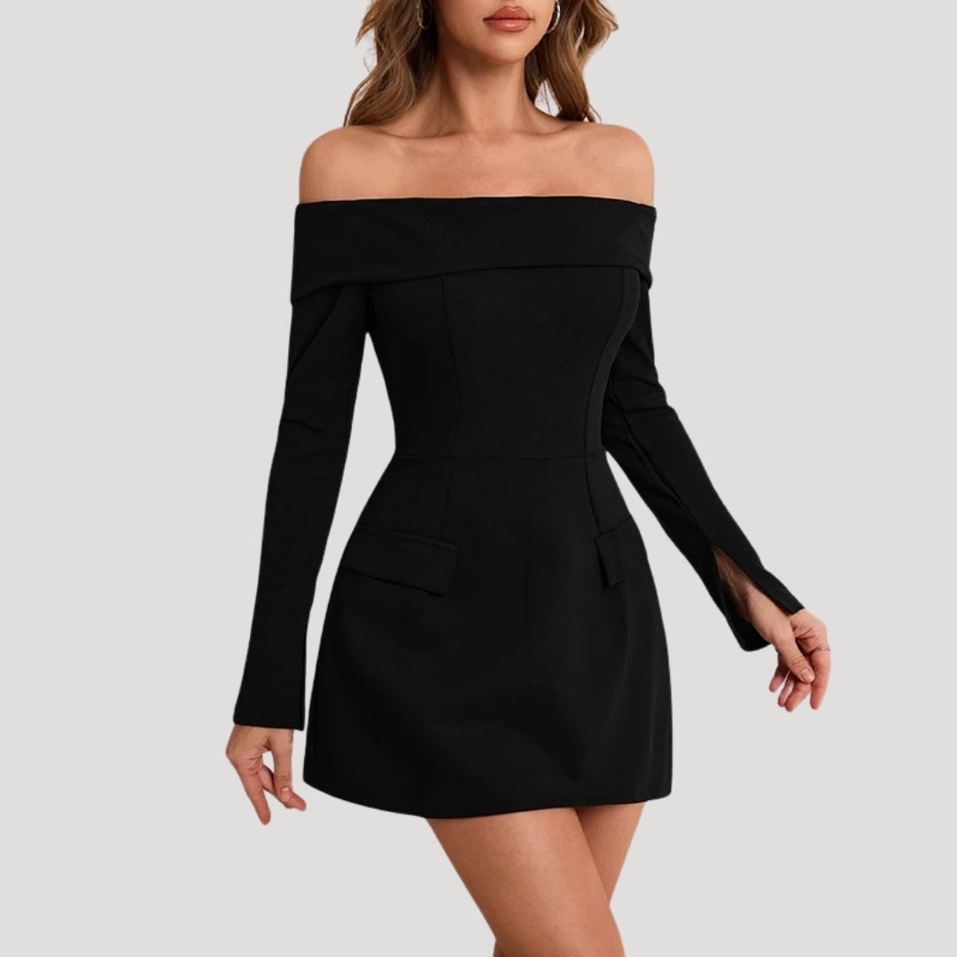 MW | Damen schulterfreies schwarzes Minikleid